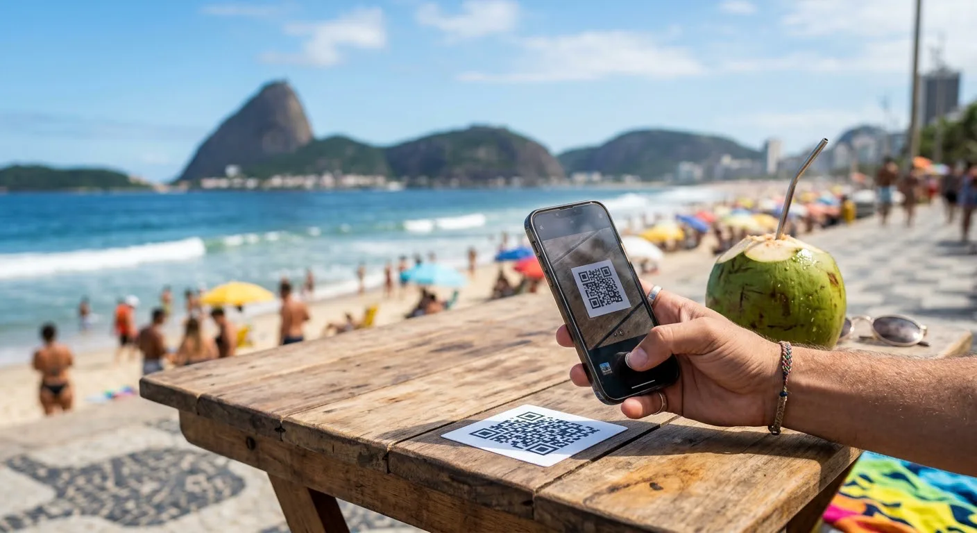 Cliente escaneando uma etiqueta QR Code RioMenu em uma mesa na praia