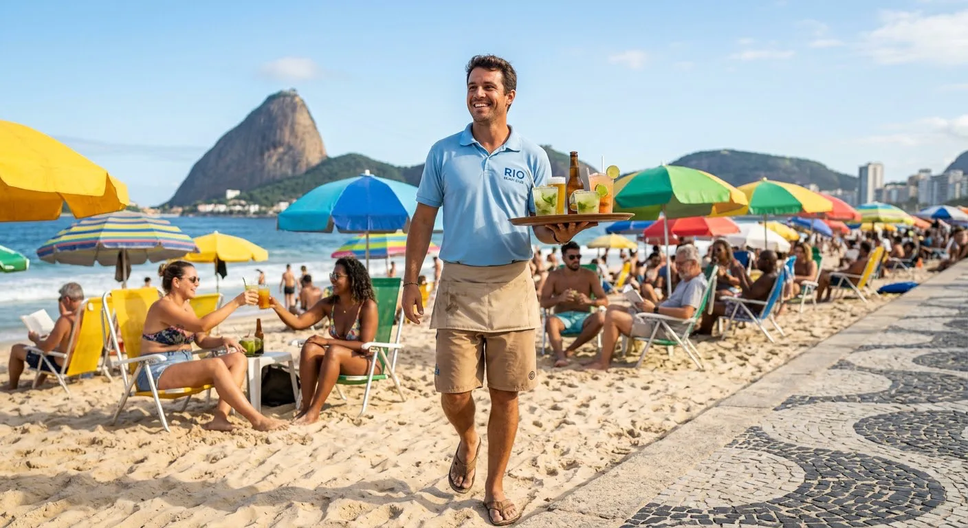 Garçom atendendo clientes em uma operação de praia