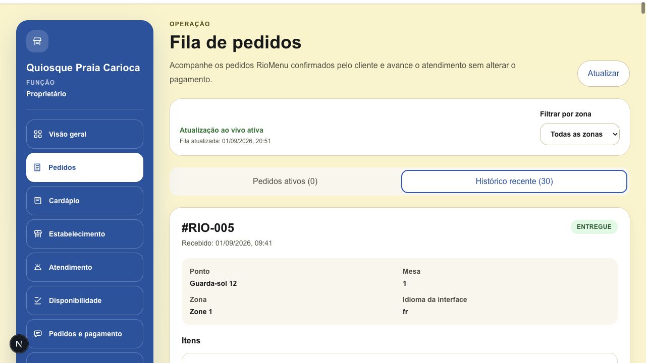 Fila de pedidos no painel do gestor